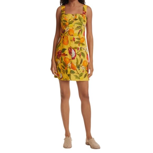 Farm Rio Fruit Lovers Mini Linen Dress Yellow Multicolor Print Size Medium New - Picture 7 of 8
